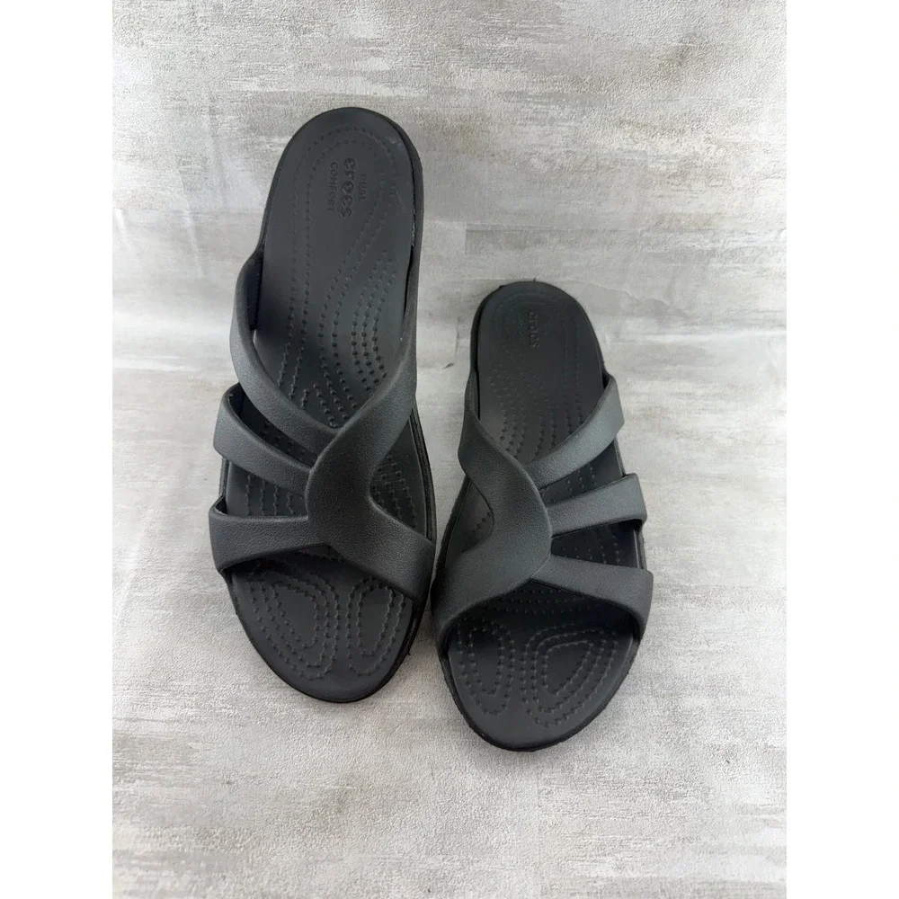 Crocs Meleen Twist Black Strappy Wedge Slide Sandals Women Sz 9 204010